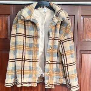 Plaid Button-Up Faux Fur Style Jacket